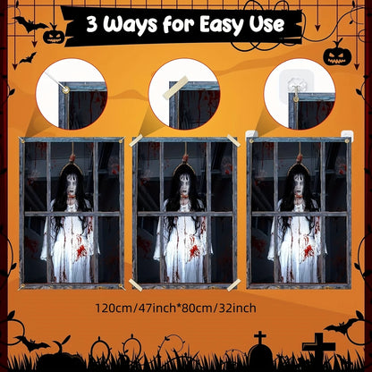 Halloween Window Party Banner Scary Female Ghost Window Cover Decorations Clings, Creepy Door Silhouette Banner for Indoor Outdo
