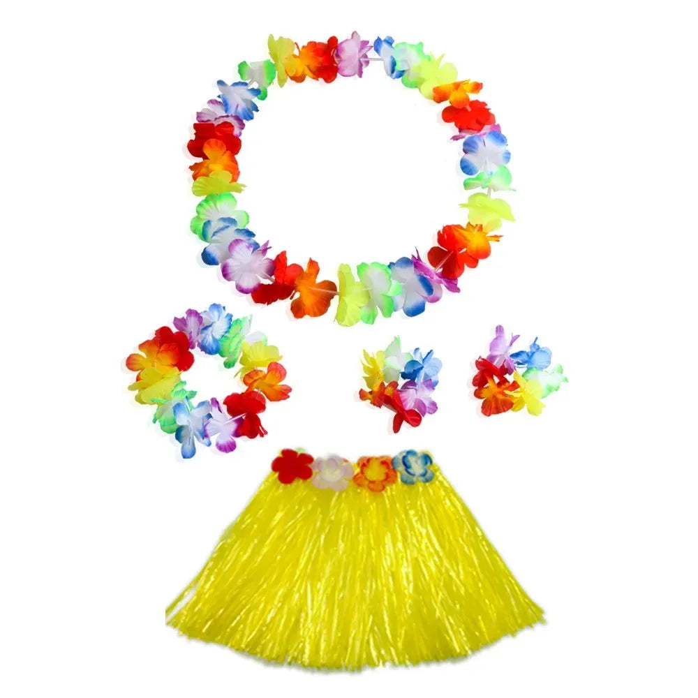 Hawaiian Dance Child Skirt with Leis Costume, Elastic Luau Grass, Hawaiian Flower Bracelets, Headband, Necklace, 40cm, 5pcs 6Pcs