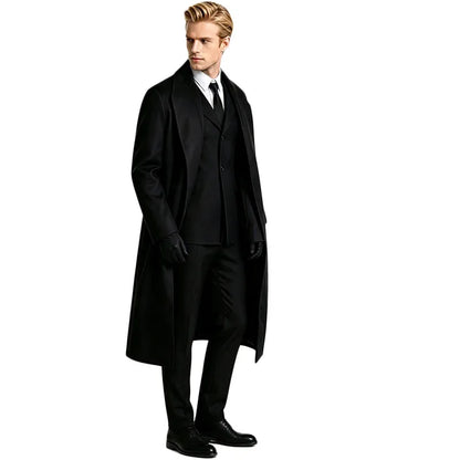 Men Black Suit Outfit Long Trench Coat Vest Shirt Tie Gloves Full Set Halloween Carnival Party Cosplay Costume for Adult Men