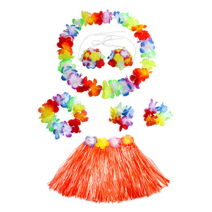 Hawaiian Dance Child Skirt with Leis Costume, Elastic Luau Grass, Hawaiian Flower Bracelets, Headband, Necklace, 40cm, 5pcs 6Pcs