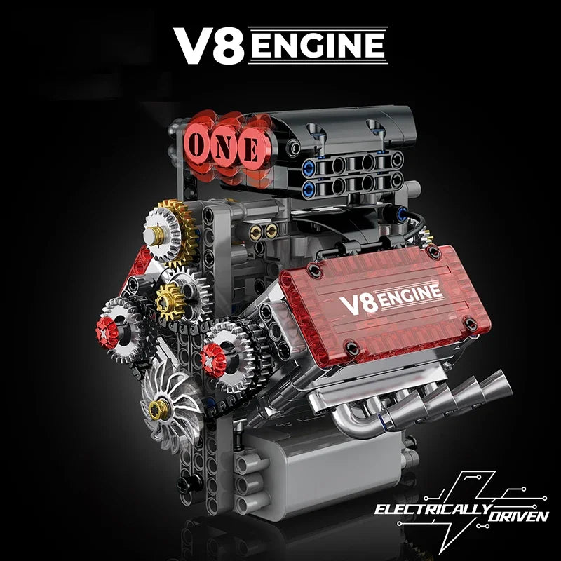 Brick V8 Engine Motorized Simulation Model Electrically Drive Building Blocks Technical Car Parts Creative Toys Gifts Boys Adult