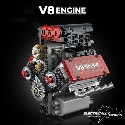 Brick V8 Engine Motorized Simulation Model Electrically Drive Building Blocks Technical Car Parts Creative Toys Gifts Boys Adult