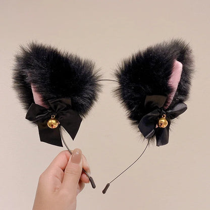 Plush Lace Cat Ears Bell Headband for Women Korean Style Elegant Fashion Girl Hair Band Party Cosplay