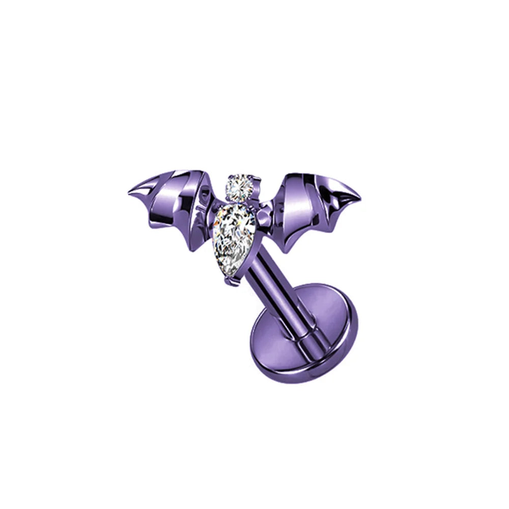 PUTITUP F136 Titanium Halloween Bat Earrings Vampire Style Inlaid Zirconia Gothic Ear Bone Lip Stud Body Piercing Jewellery