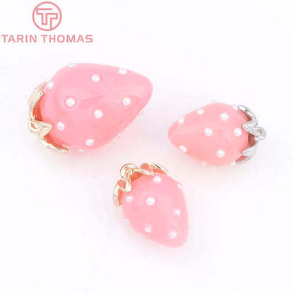 (10593) 4PCS 24K Gold Color Brass Pearl Embellished Hollow Strawberry Shaped Pendants High Quality DIY Jewelry Making