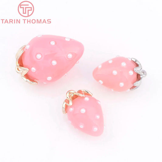 (10593) 4PCS 24K Gold Color Brass Pearl Embellished Hollow Strawberry Shaped Pendants High Quality DIY Jewelry Making