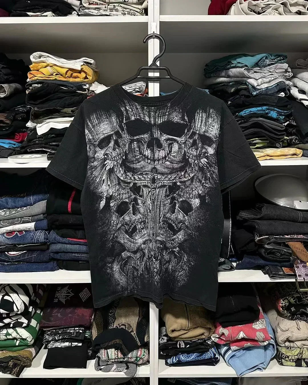Retro Blue Gothic Pattern Printed Hip Hop Street Fashion Y2K Plus Size T shirt Round Neck Short Sleeve Women Couple Couple Top