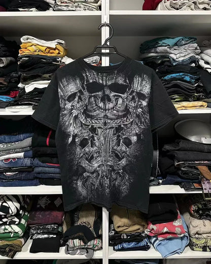 Retro Blue Gothic Pattern Printed Hip Hop Street Fashion Y2K Plus Size T shirt Round Neck Short Sleeve Women Couple Couple Top