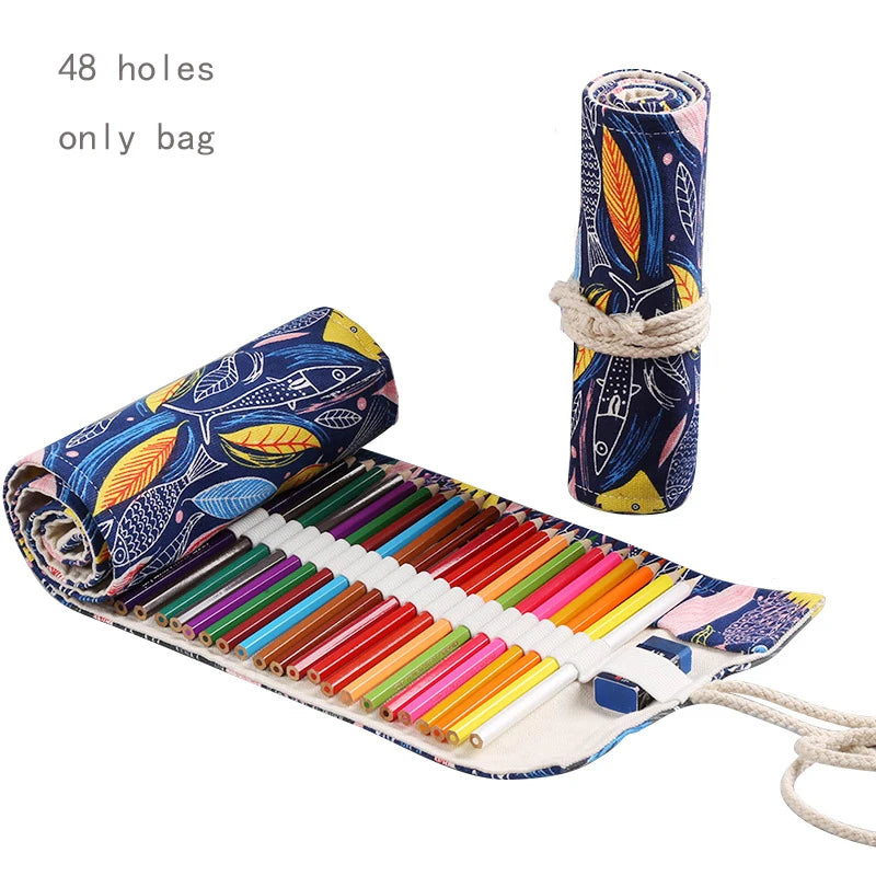 48 Holes Roll Colored Art Pencil Case Kawaii School Students Supplies Paint Brush Pen Bag Cute Pencil Cases Stationery