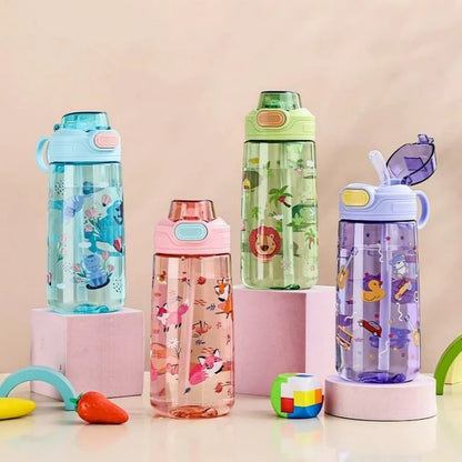 550ml Kids Cartoon Animal Water Bottle with Safety Lock Portable Leak-proof Straw Cup for Outdoor Camping Travel
