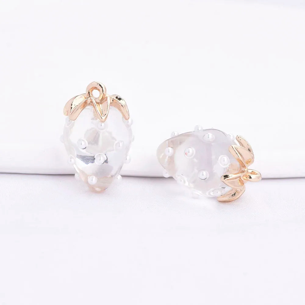(10593) 4PCS 24K Gold Color Brass Pearl Embellished Hollow Strawberry Shaped Pendants High Quality DIY Jewelry Making