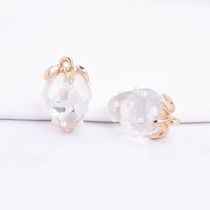 (10593) 4PCS 24K Gold Color Brass Pearl Embellished Hollow Strawberry Shaped Pendants High Quality DIY Jewelry Making