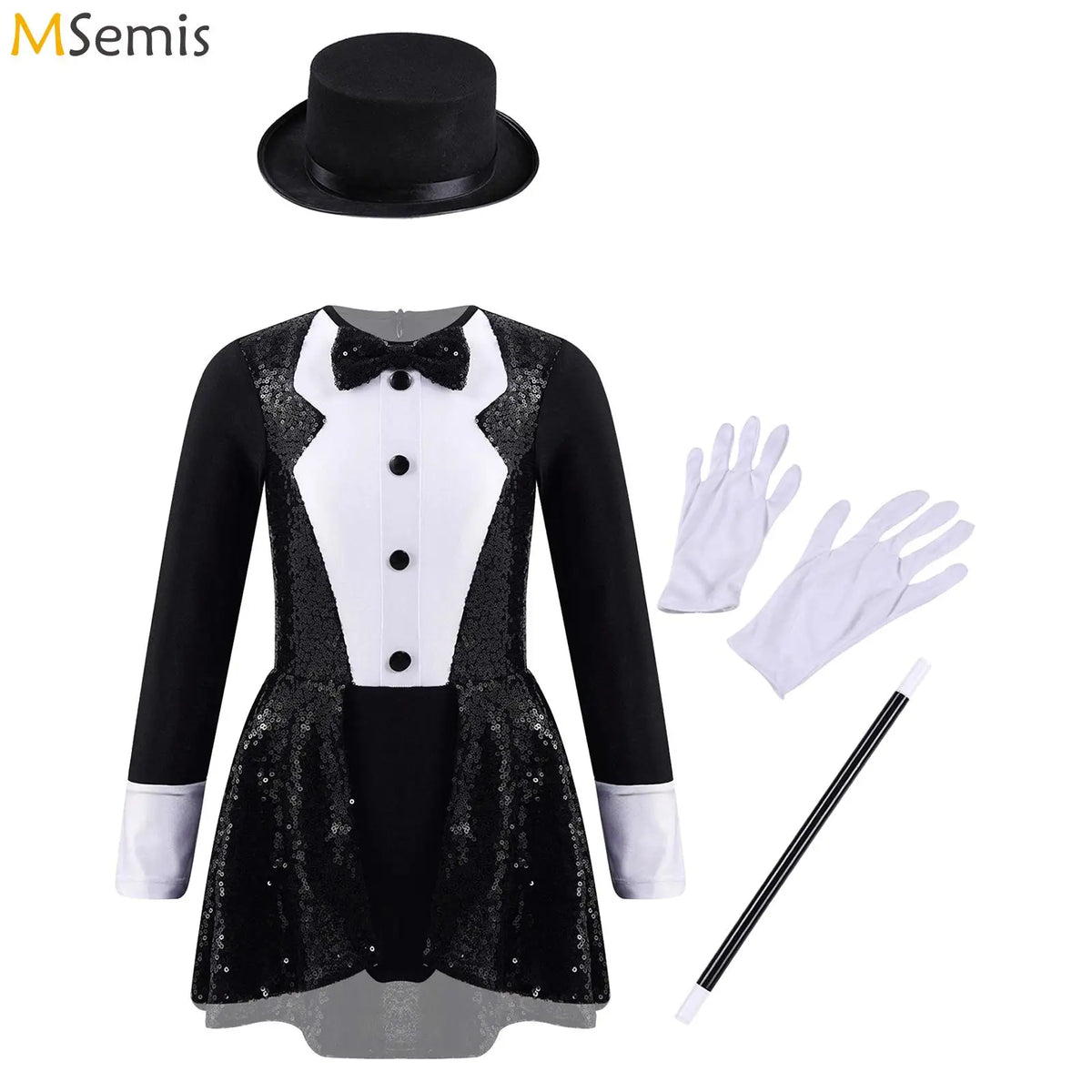 Teen Magician Costume Set Long Sleeve Bow Tie Sequin Leotard + Hat Magic Wand Gloves for Halloween Cosplay Dress Up Performance