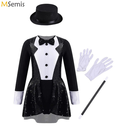 Teen Magician Costume Set Long Sleeve Bow Tie Sequin Leotard + Hat Magic Wand Gloves for Halloween Cosplay Dress Up Performance