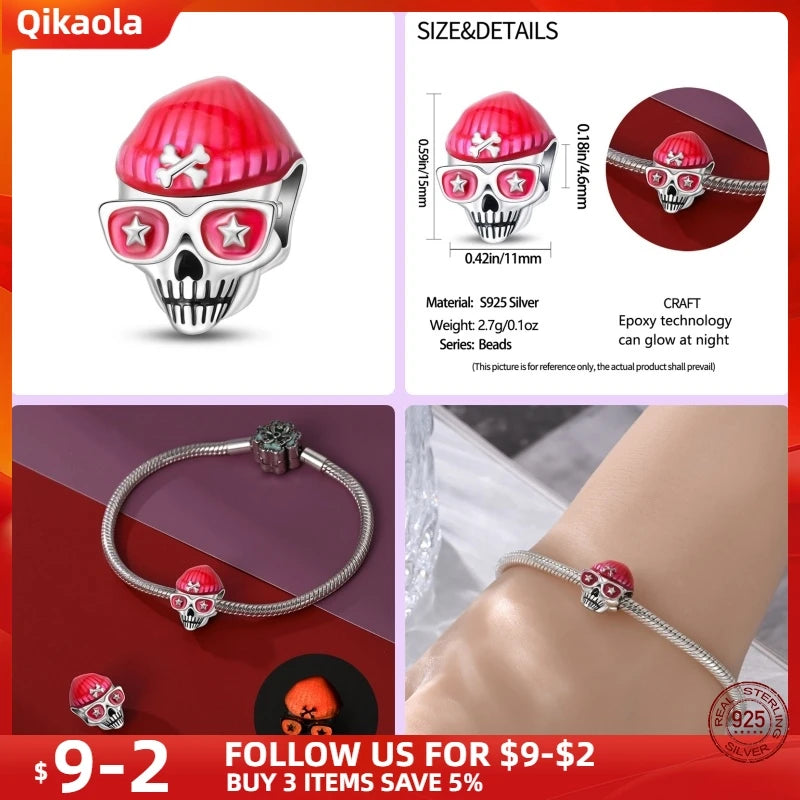 New in 925 Silver Halloween Collection Charm Glowing skull Beads Fit pand 3mm Bracelet DIY Pendant Woman Jewelry 2024 Hot Sale