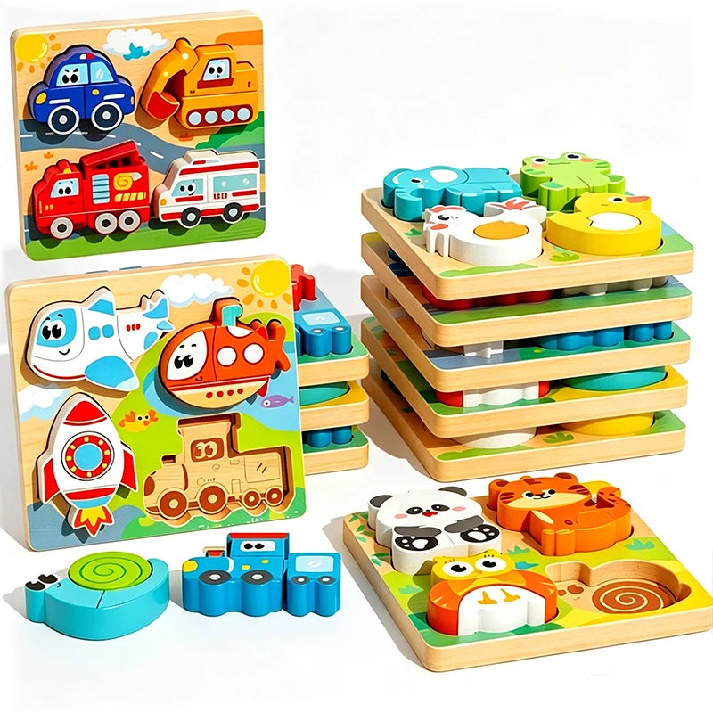 Montessori Wooden 3D Puzzle for Toddlers Animal & Vehicle Shape Matching Blocks Educational Sensory Learning Toy Kids 1-3 Years