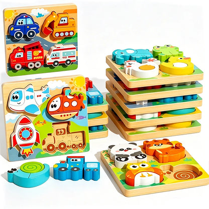 Montessori Wooden 3D Puzzle for Toddlers Animal & Vehicle Shape Matching Blocks Educational Sensory Learning Toy Kids 1-3 Years