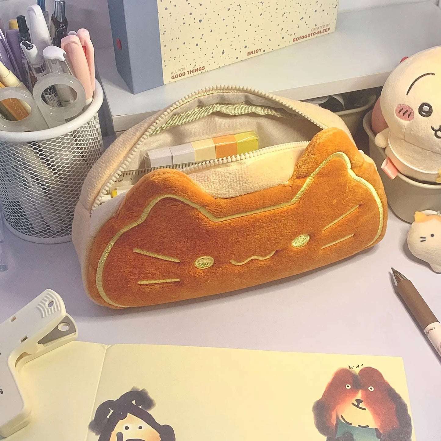 Ins Style Cartoon Pen Case Cute Caramel Cat Pen Bag Large Capacity Lovely Plush Animal Pencil Organizer Case School Supplies 1pc