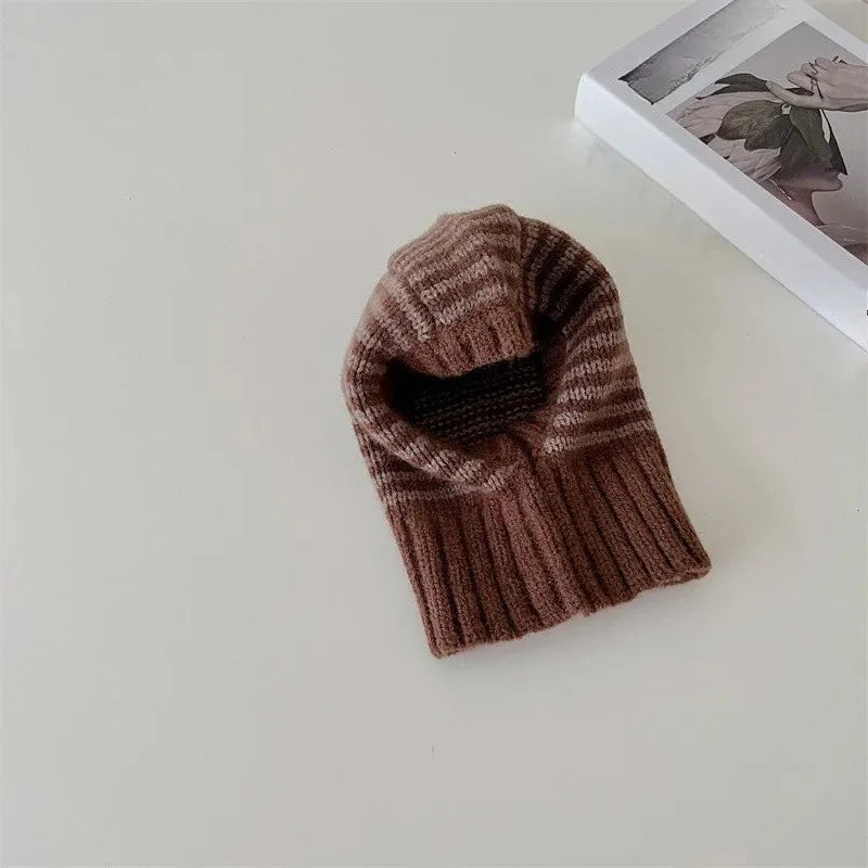 Homefish Winter Korean Fashion Children Baby Knit Hooded Scarf Caps Warm Stripe One Piece Hat Kids Accessories