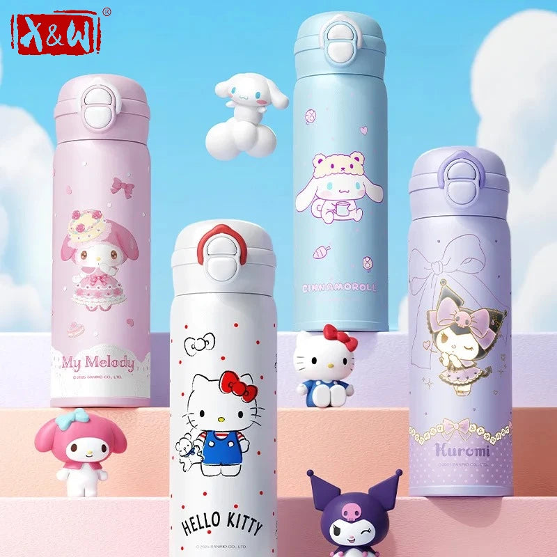 X&W Sanrio 500mL Vacuum Cup Insulated Coffee Mug Kuromi Thermos Cup 316 Stainless Steel Double Drinking Straw Cup Water Bottles