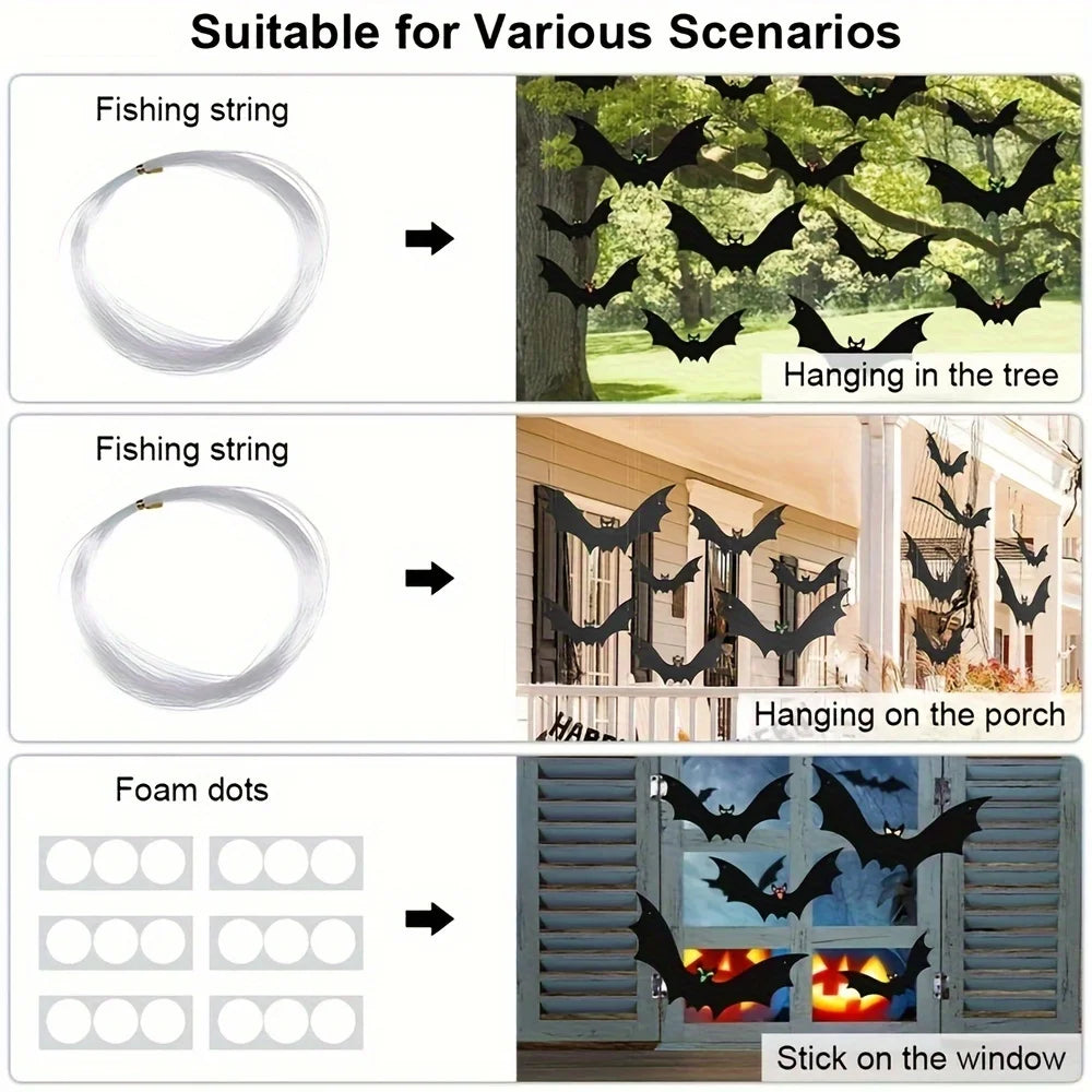 12pcs Hanging Bats Halloween Outdoor Decor Large Flying Plastic Bats 3 Sizes Hang on Trees Porches Yards Lawns Halloween Indoors