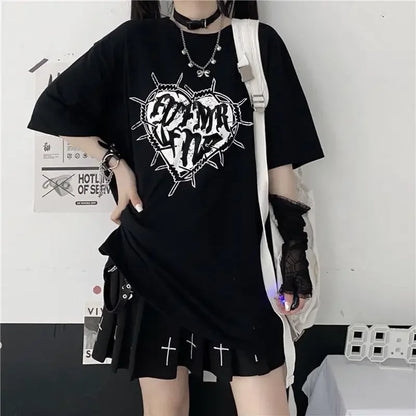 Y2k Fashion Goth Vintage Print T-shirt Women Harajuku Streetwear Dark Gothic Emo Alt Short Sleeve O-neck Loose Black Tee Tops