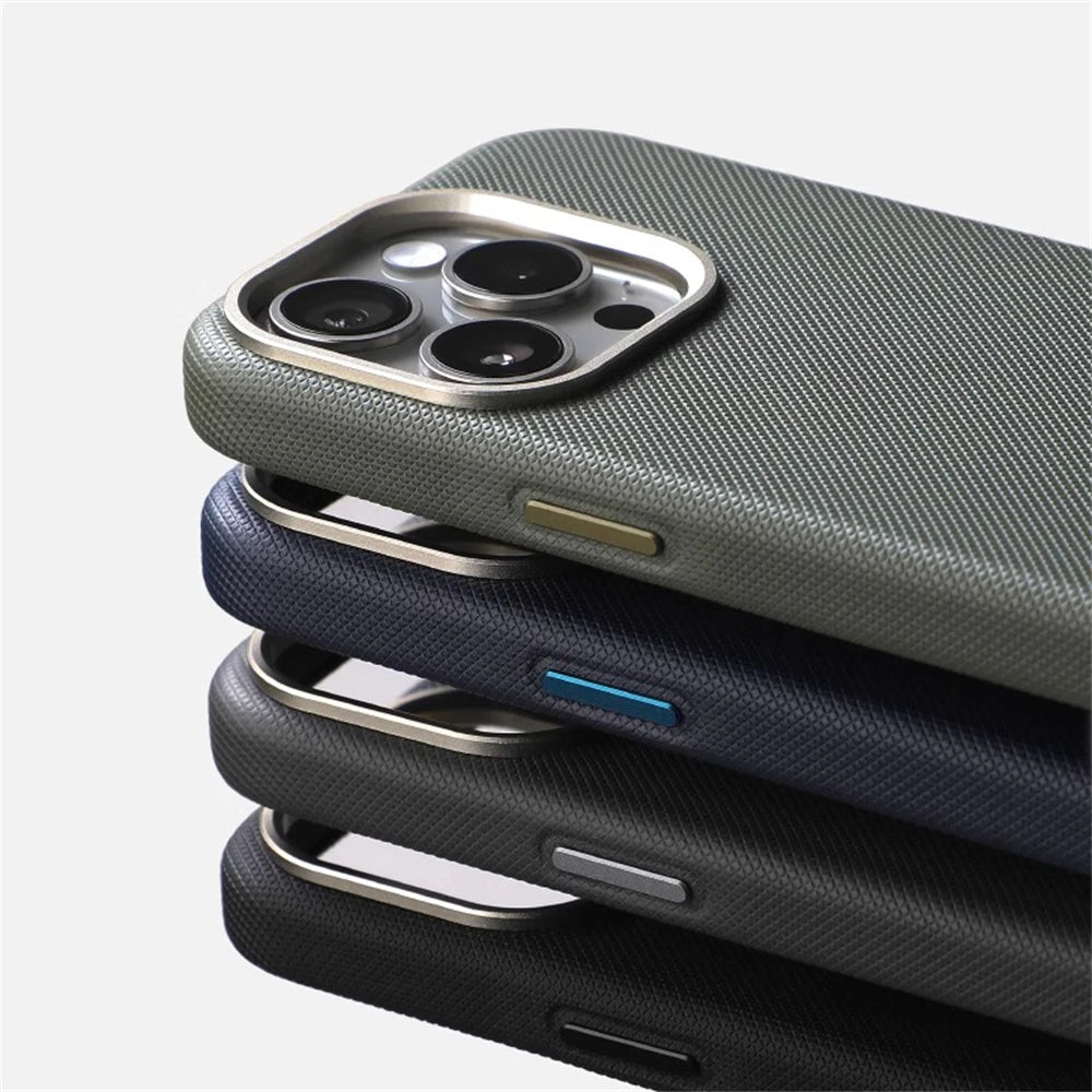Luxury Alloy Lens Frame Particle PU Leather Magnetic Case For iPhone 18 17 16 Pro Max 15 14 13 For Magsafe Wireless Charge Cover