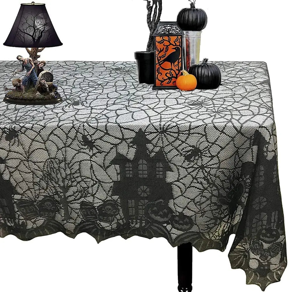 1 Pcs of Halloween Lace Tablecloth Spider Web Skull Pattern Rectangular Shape for Party Decoration Haunted House Pumpkin Design