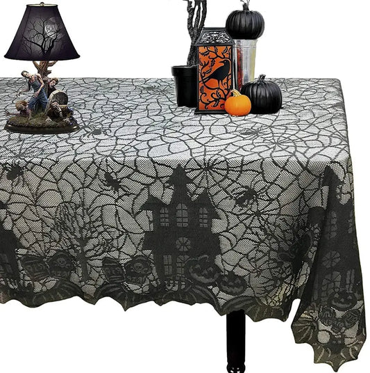 1 Pcs of Halloween Lace Tablecloth Spider Web Skull Pattern Rectangular Shape for Party Decoration Haunted House Pumpkin Design