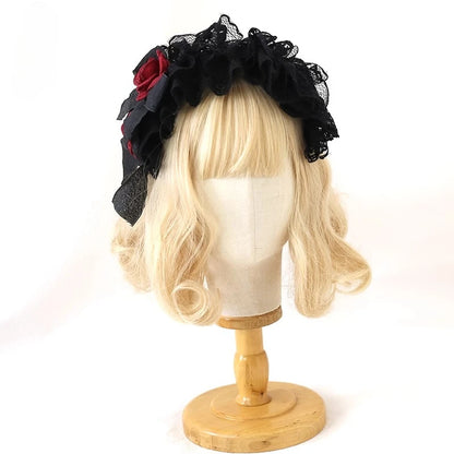 Original Black and Red Lace Lolita Headgear Doll Feeling Bow Headband KC Goth Lo Girl Halloween Hair Accessories
