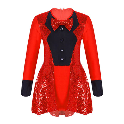Teen Magician Costume Set Long Sleeve Bow Tie Sequin Leotard + Hat Magic Wand Gloves for Halloween Cosplay Dress Up Performance