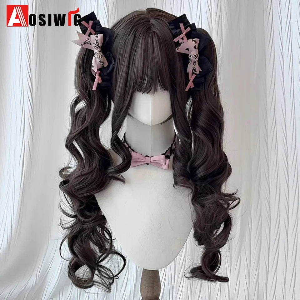 Synthetic Princess Cut Double Ponytail Lolita Wig with Bangs Girl Ombre Blonde Brown White Gray Cosplay Halloween Harajuku Wig