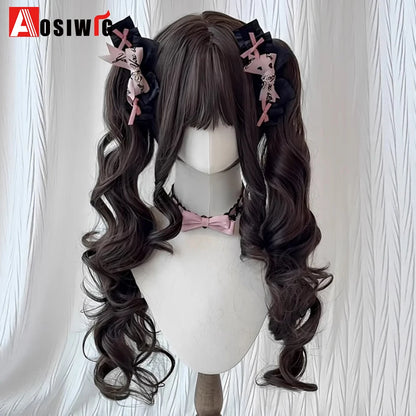 Synthetic Princess Cut Double Ponytail Lolita Wig with Bangs Girl Ombre Blonde Brown White Gray Cosplay Halloween Harajuku Wig