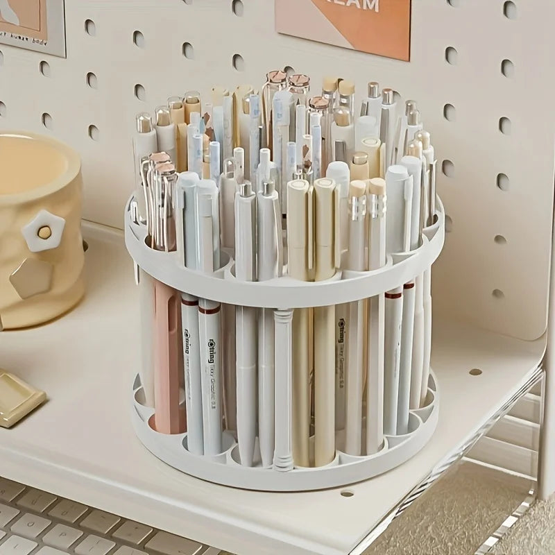 360° Rotating Brush Holder - White Plastic Organizer with Glaze Finish, Space-Saving Design for Art Brushes, Pens, Makeup Tools
