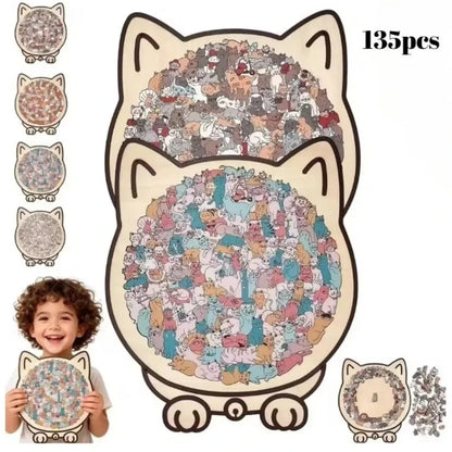 135 PC Cat-shaped Wooden Jigsaw Puzzle Unique Irregular Puzzle Pieces Game Birthday Xmas Gifts for Cat Lovers Home Decorations ﻿