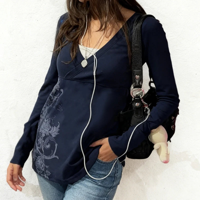 SUCHCUTE Gothic Retro Floral Print Ribbed T-Shirt Chic Women Casual Long Sleeved Tees Y2k Streetwear All Match Top Sring Clothes