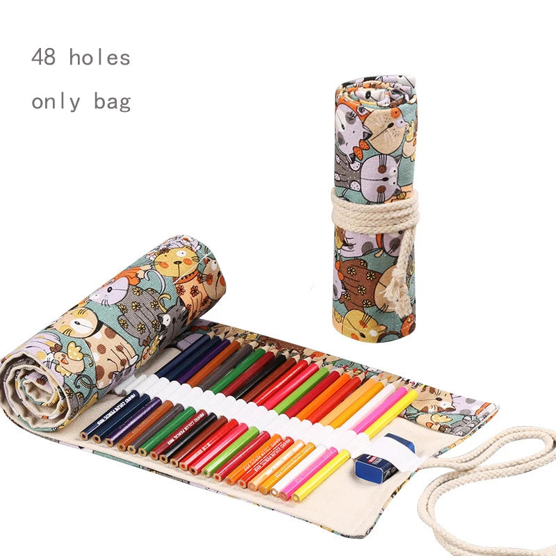 48 Holes Roll Colored Art Pencil Case Kawaii School Students Supplies Paint Brush Pen Bag Cute Pencil Cases Stationery