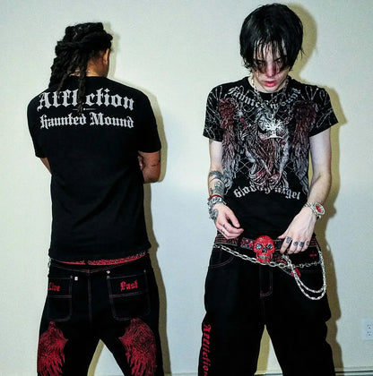 American Goth Haunted Mound Graphic T-shirt Printed Men Women Y2K Grunge Summer Short-sleeved Oversized T-shirt Streetwear Top
