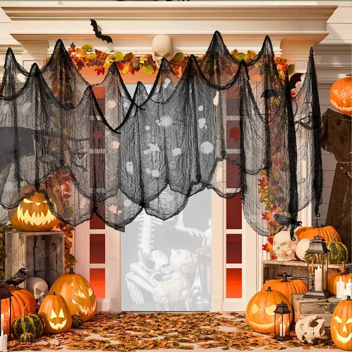 76x183cm Halloween Decorations Black Creepy Gauze Cloth Window Table Door Net Spooky Fancy Dress Party Haunted House Wall Decor