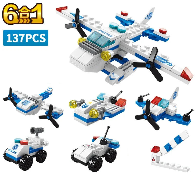 6in1 Police Sports Car Fire Engine Mini Loader Truck Plane Classic City Model Building Blocks Set Bricks Toy Gift for Kids