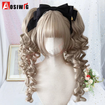 Synthetic Princess Cut Double Ponytail Lolita Wig with Bangs Girl Ombre Blonde Brown White Gray Cosplay Halloween Harajuku Wig