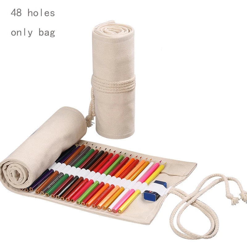 48 Holes Roll Colored Art Pencil Case Kawaii School Students Supplies Paint Brush Pen Bag Cute Pencil Cases Stationery