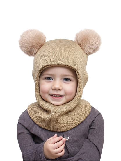 3-12Y autumn and winter double-ball pullover cap, children's double-ball ear-protecting one-piece cap, solid-color cute woolen o
