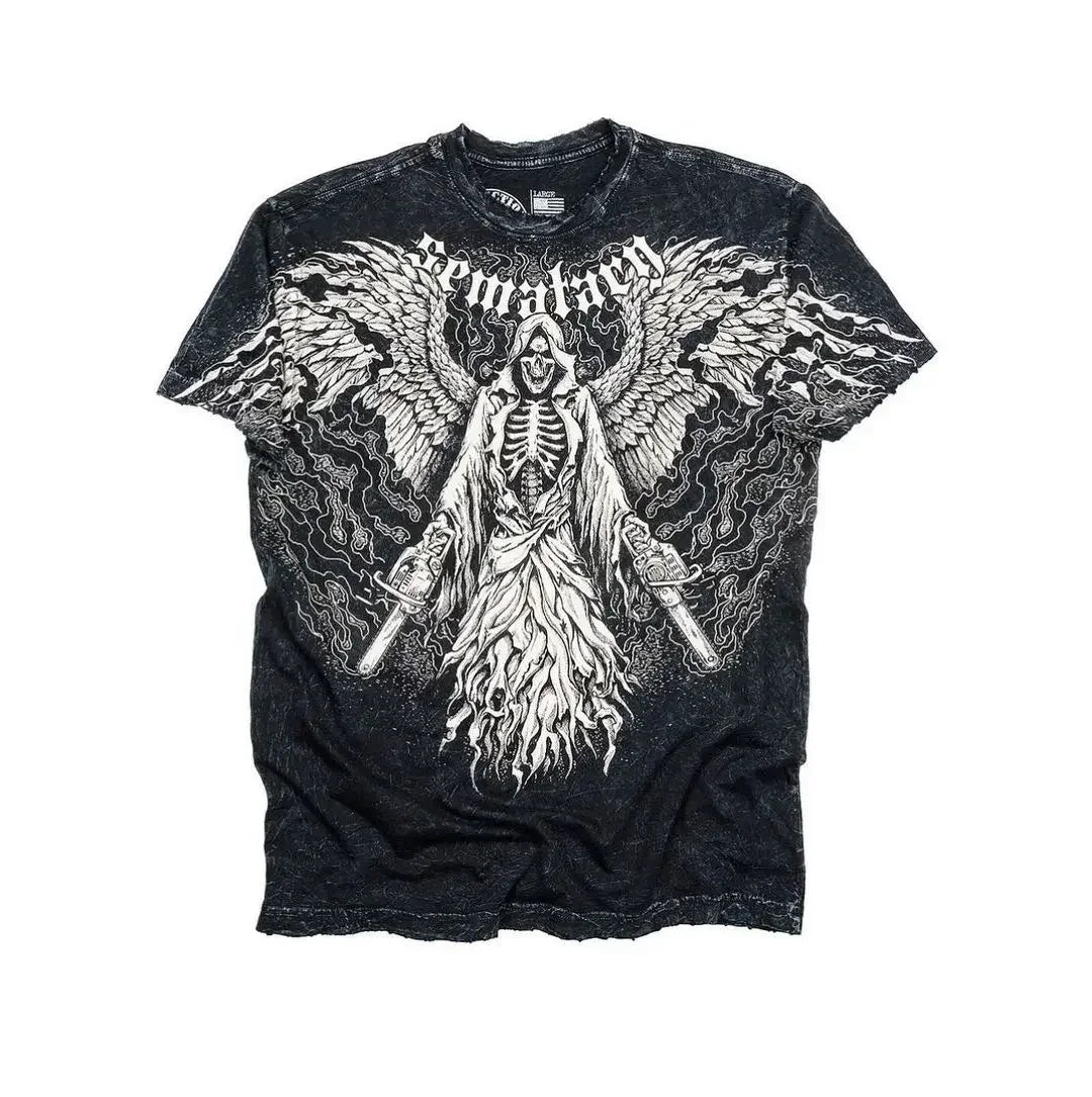 Retro Blue Gothic Pattern Printed Hip Hop Street Fashion Y2K Plus Size T shirt Round Neck Short Sleeve Women Couple Couple Top