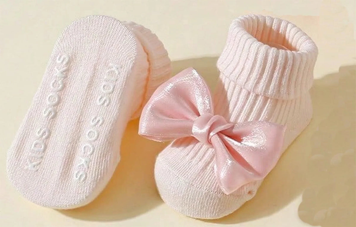 4 Pairs Toddler Socks with Bows, Soft Cotton Cute Ankle Socks for Infants Girls, Fashion Anty-Slip Newborn Baby Socks 0-24 Months