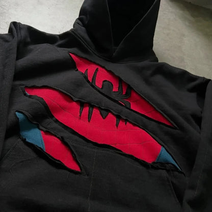 Mens Hoodie American Retro Spider Patchwork Zip Up Sweatshirt Harajuku Unisex Oversized Loose Fit Gothic Y2K Streetwear Fashion