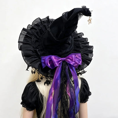 Lace Velvet Witch Hat with Lace Trim and Moon Pendant for Halloween Costume Party Masquerade Cosplay Party Accessory
