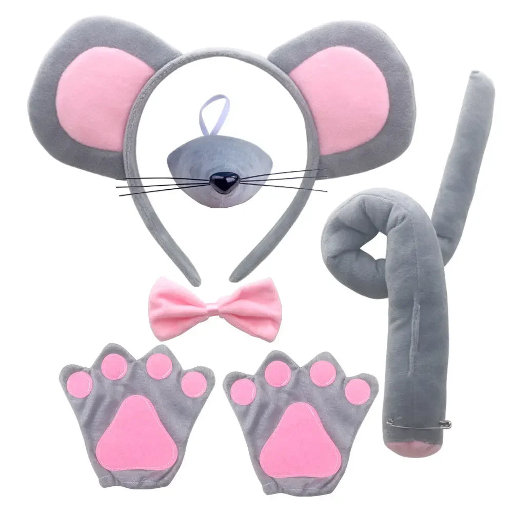 Mouse Costume Set Ears Headband Nose Tail and Bow Tie Animal Fancy Dress Kit Party Accessories Halloween Birthday