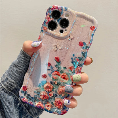 Retro Oil Painting Phone Case For iPhone 13 14 15 16 ProMax 12 11 Luxury Flower Print Shockproof Silicone Cover Artistic Decor