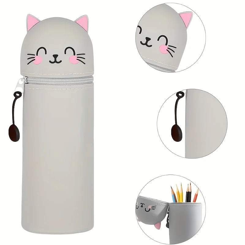 2-in-1 Expandable Silicone Pencil Case & Desk Organizer, Cute Cat Design for School Office Home, Soft Durable Stationery Storage